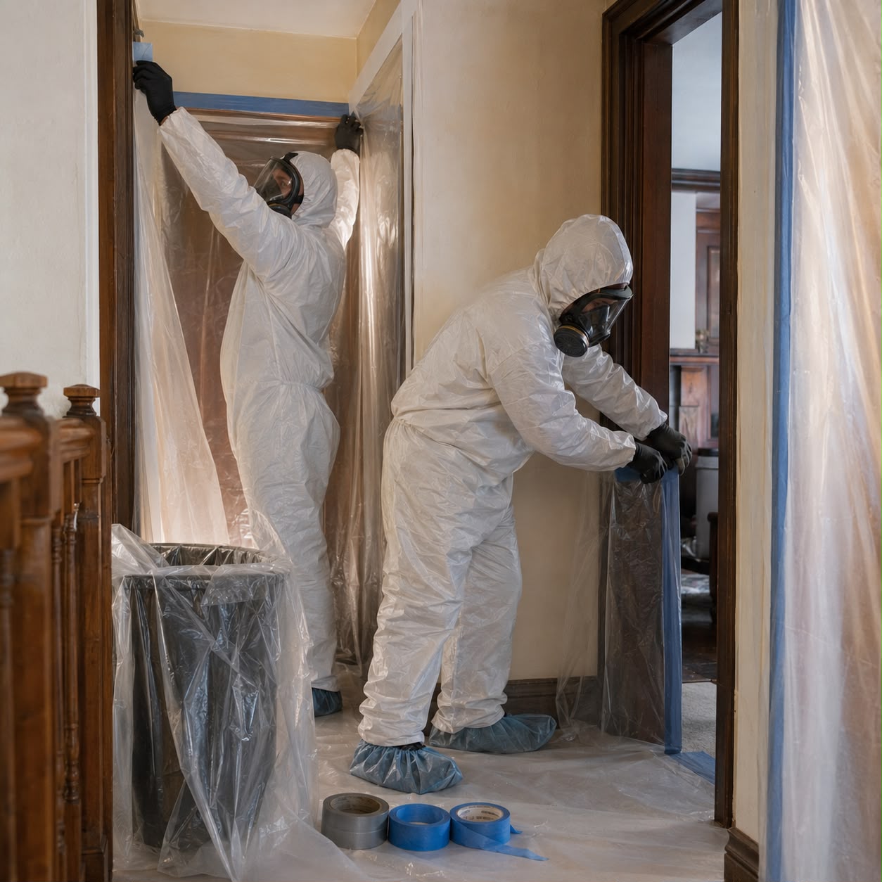 EPA certified specialists bagging asbestos waste inside containment zone
